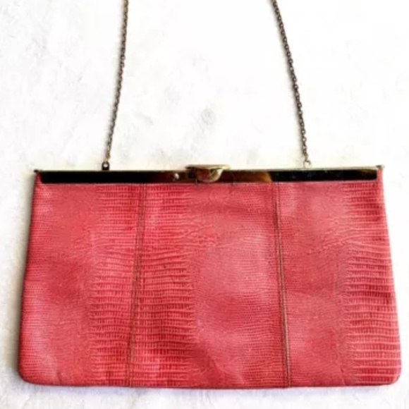 Vintage Mid Century Leather Pink Shoulder Clutch Snakeskin Pattern - Picture 1 of 8